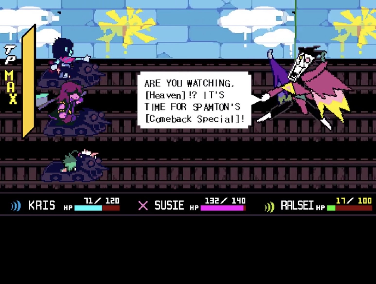 a screenshot from DELTARUNE in which Spamton says: ARE YOU WATCHING, [Heaven]!? IT'S TIME FOR SPAMTON'S [Comeback Special]!