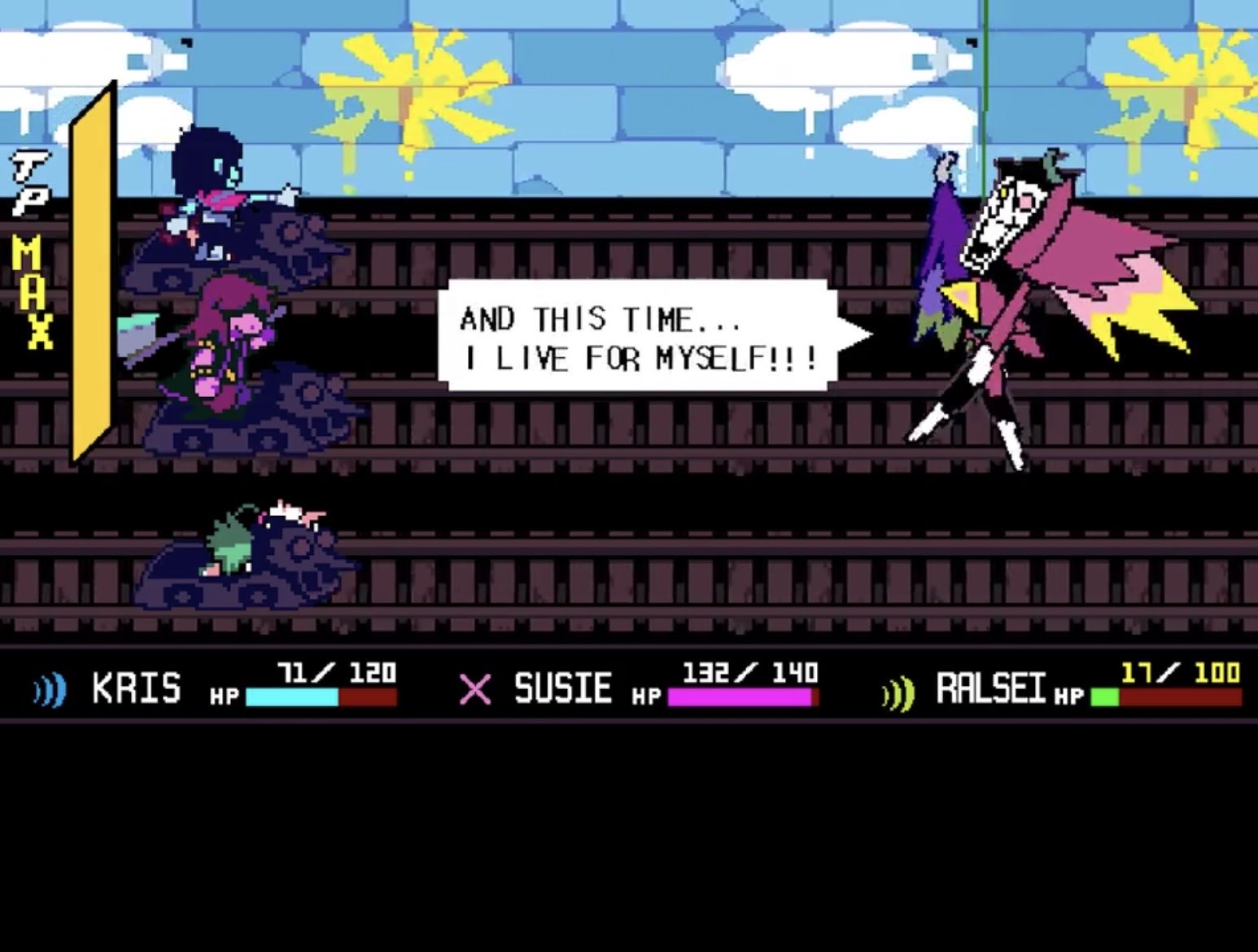 a screenshot from DELTARUNE in which Spamton says: AND THIS TIME… I LIVE FOR MYSELF!!!