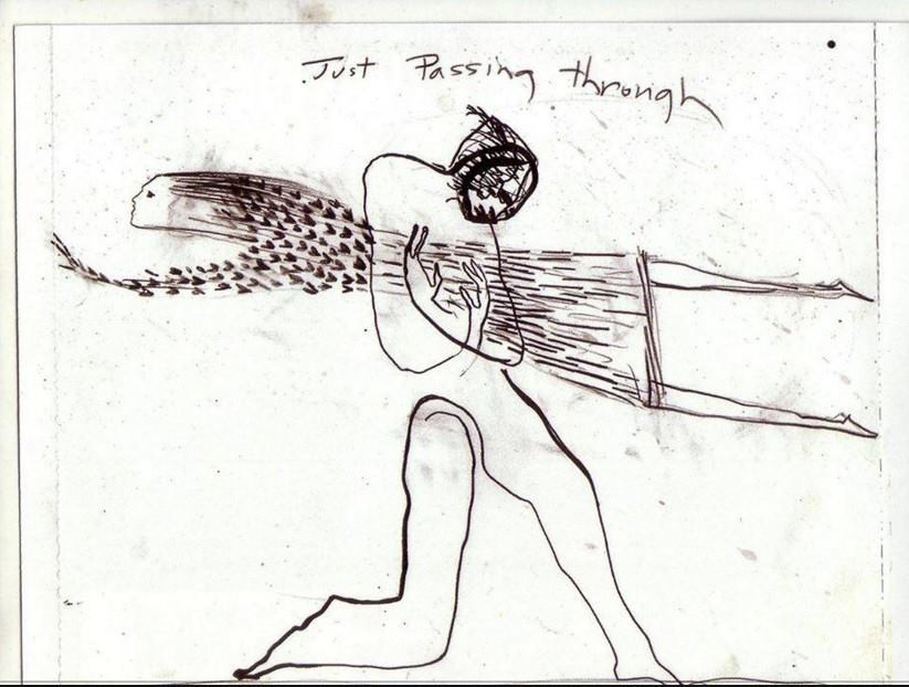 art of a person passing horizontally through another person's chest, who holds their arms to their chest like they're holding the person passing through them. above the two people is written: Just passing through